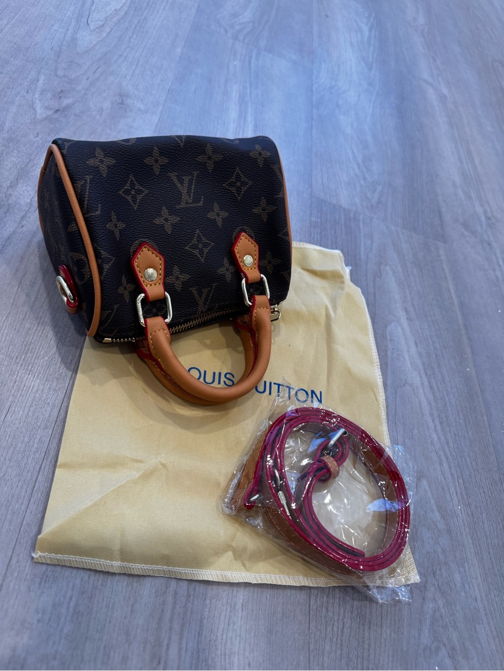 Source unknown Brown Monogram Mini Speedy with Pink Strap